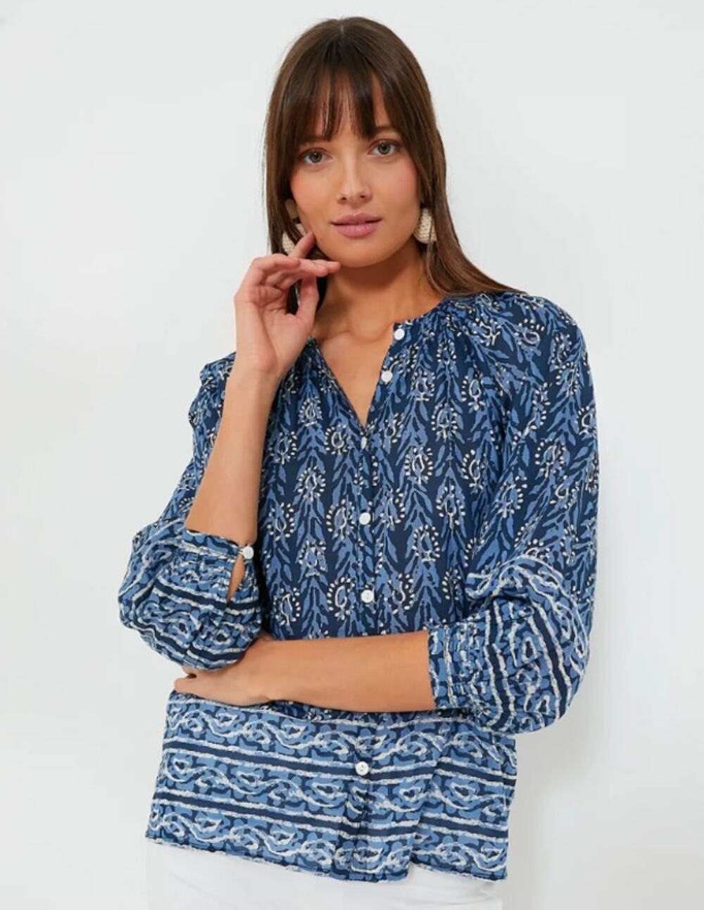 Tuckernuck Bell Blue Abstract Courtney Button Down Blouse Cotton Silk Medium